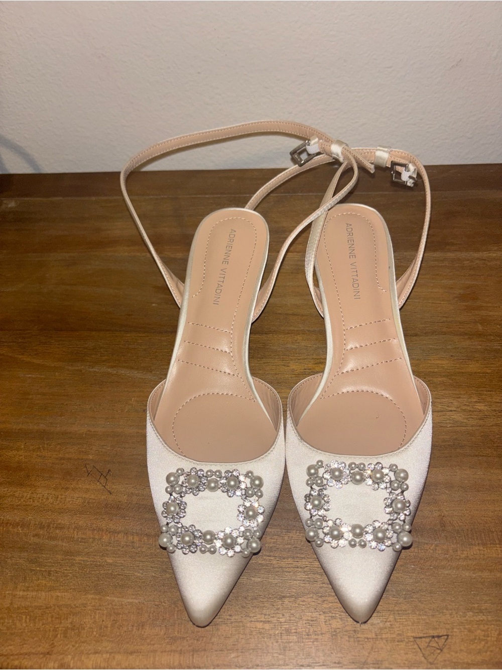 Adrienne Vittadini Ivory Pearl-Embellished Pointed Toe Slingbacks
